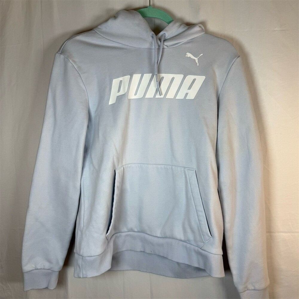 PUMA Essentials Logo Pullover Hoodie Women’s M Light Blue Fleece Lined